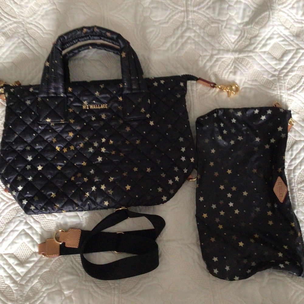 MZ Wallace Black Quilted Crossbody with Gold Star Print
